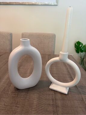 Modern White Ceramic Loop Vase and Candle Holder Set